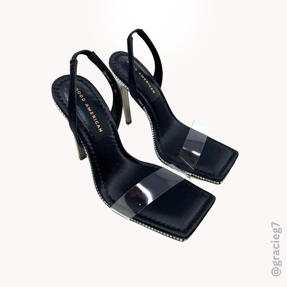Good American CRYSTAL CRUSH LUCITE SANDAL Open Square Toe Heels Size 6
